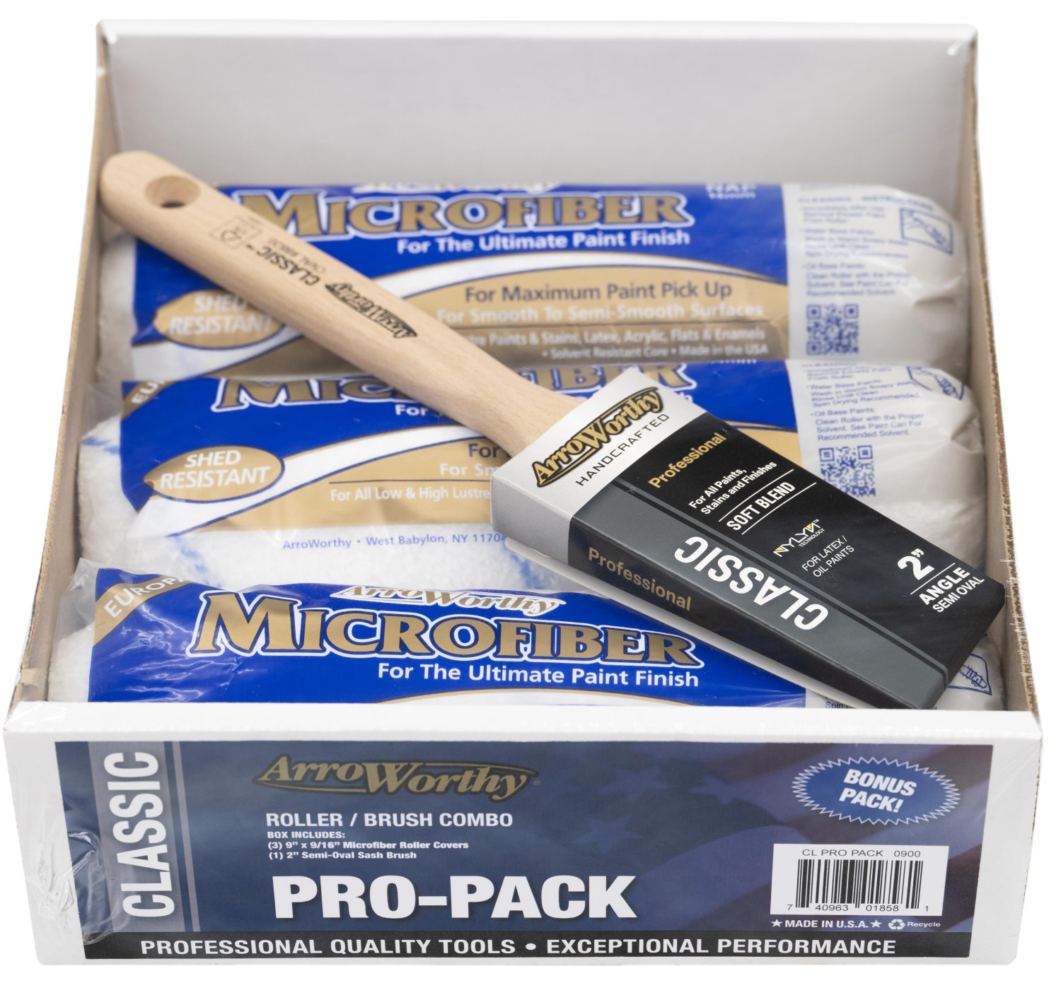 Arroworthy Classic Pro Pack - Contains 3 9" 9/16" Nap Microfibre Rollers and a 2in Long Handle Angled Classic Brush