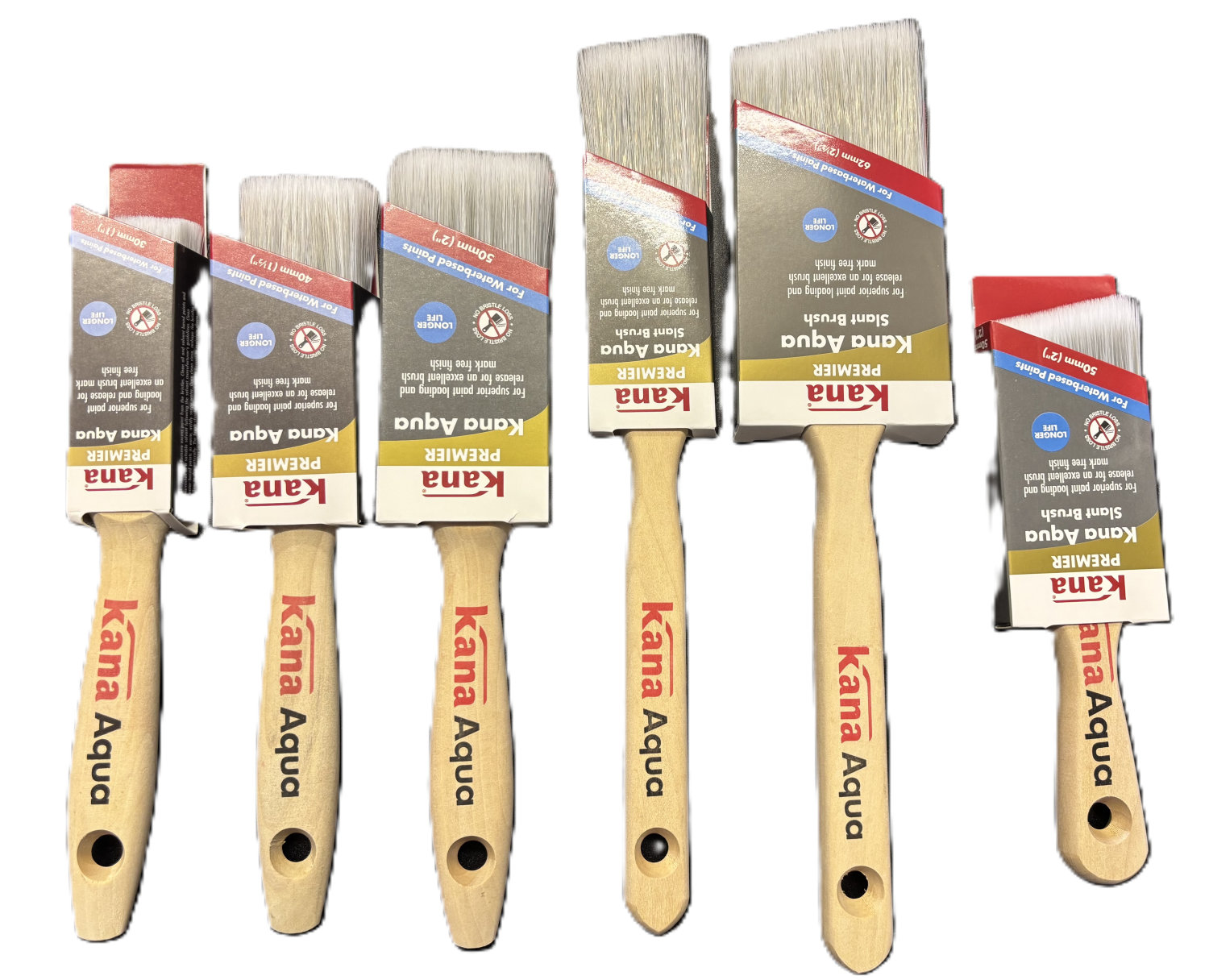 Kana Aqua Box Set Contains 1in, 1.5 and 2in flat short handled, 1.5 and 2.5in long handled angled and a 2in stubby brush. - Image 3